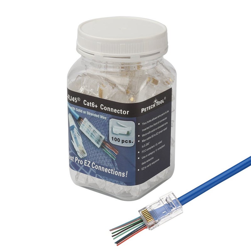 PETECHTOOL 100 Pack RJ45 CAT6A CAT6 Pass Through Connectors 23AWG Cables-End Bold UTP Ethernet 8P8C Gold Plated Modular Plug for Unshielded Twisted Pair Solid Wire Standard Cables - Image 5